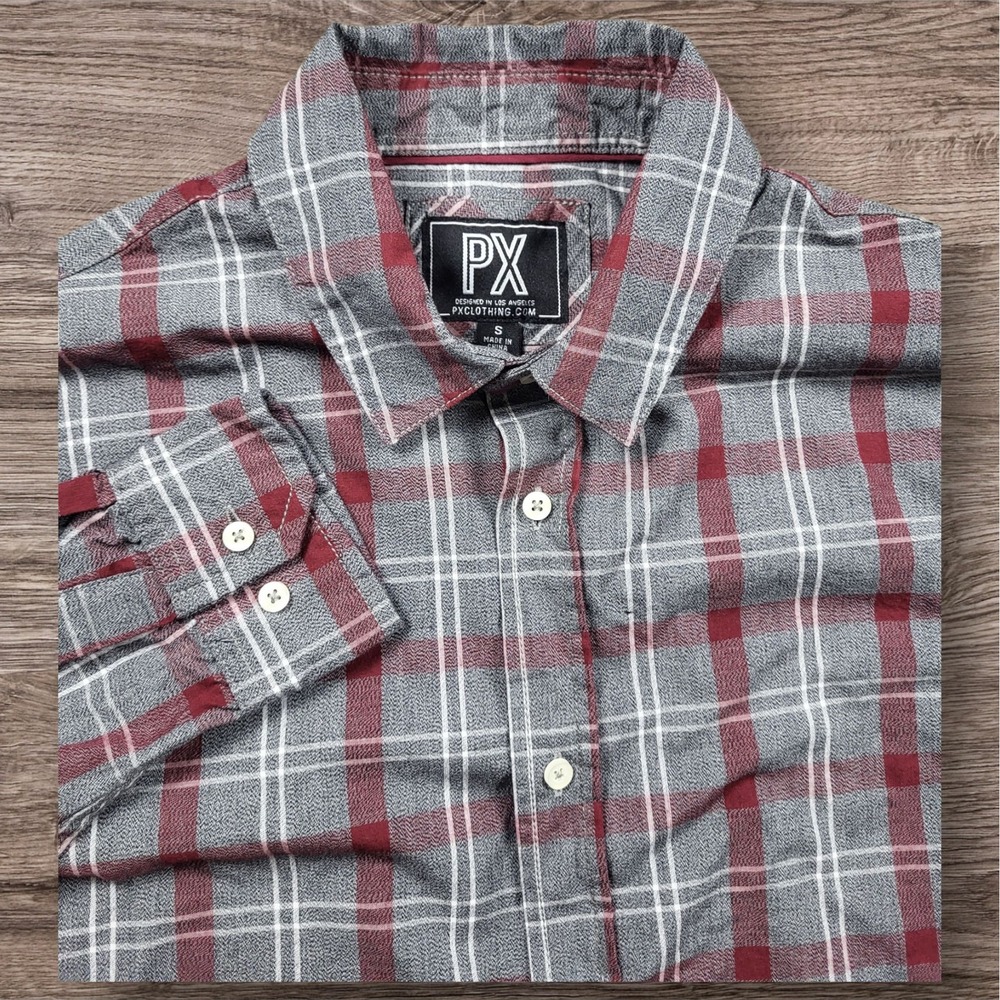 PX‎ Flannel Shirt Plaid Button Up Long Sleeve Casual Gray Red Mens Size S